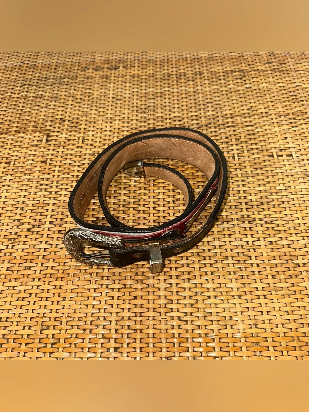 Vintage Nocona Western Leather Belt Red Black Metal Inlay Cowgirl Rodeo Small